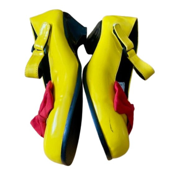 Disney Minnie Mouse Bright Yellow Mary Jane Shoes Kitten Heel Red Bows Size 8 - Picture 5 of 8